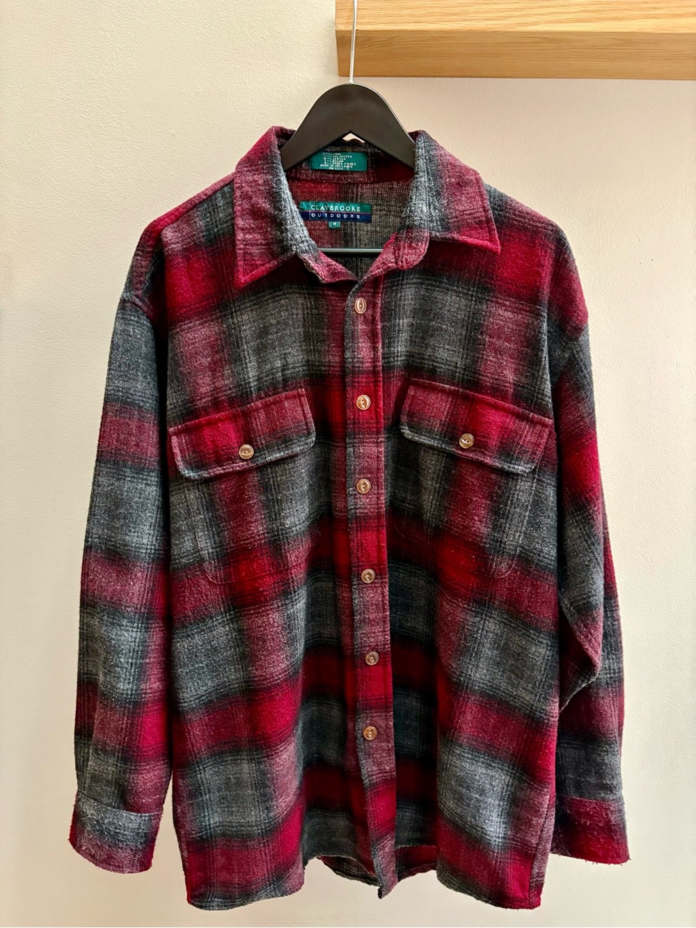 Claybrooke Outdoors VTG 90s red/grey wool blend flannel button-down shirt M/L